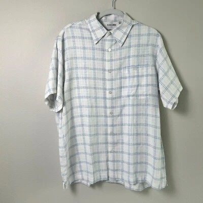 Camisa Chereskin Para Hombre Talla L Azul Blanco A Cuadros Abotonada Lino Rayón Manga Corta Foto 1 de 4