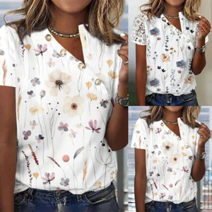 Women Summer Floral V-Neck Tunic Top Blouse Ladies Lace Short Sleeve T-Shirt Tee - Picture 1 of 12
