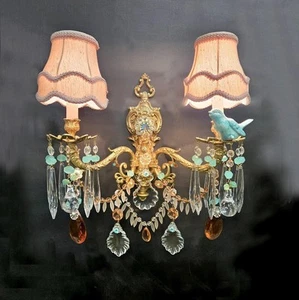 16 x 19 Vintage Shabby Chic Bird Crystals and Brass Sconce 2 Lights Silk Shades - Picture 1 of 9