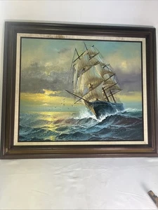 Vintage signed Preston Willis Clipper Ship Framed Painting Sailboat 30x26 - Picture 1 of 19