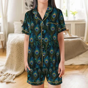 Peacock Pajama Set Short Sleeves, Peacock Feathers Woman's Satin Pajamas - Picture 1 of 13