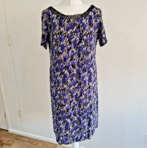 Marilyn Moore Seiden Etuikleid UK 10 Blau Schwarz Abstrakt Print London Designer - Bild 1 von 24