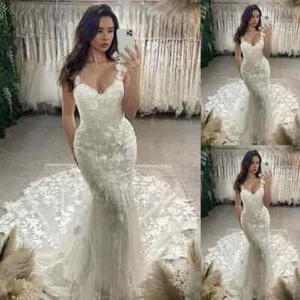 Sexy Straps Wedding Dresses Mermaid Glitter Sweep Train Lace V Neck Bridal Gowns - Picture 1 of 8