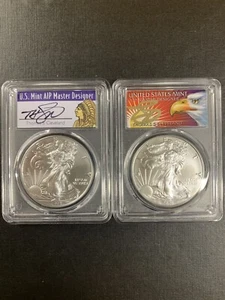 2021-(P) PCGS MS70 Silver Eagle-(2 coins set) Philadelphia FDOI Cleveland - Picture 1 of 2