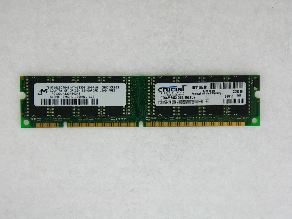 CRUCIAL CT64M64S4D75 512MB 2RX8 SDRAM PC PC133 133MHZ CL3 168PIN NON-ECC DIMM - Image 1 of 1