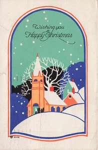 VINTAGE PF VOLLAND CHRISTMAS POSTCARD SNOWY VILLAGE DECO 1922 80222 R - Picture 1 of 2