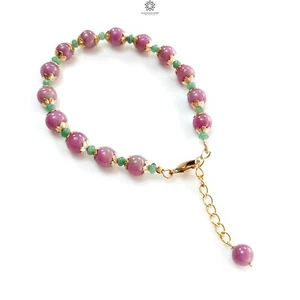 77.30cts Ruby Zoisite & Emerald Round Shape 7mm Plain Beads Brass Bracelet 6.30" - Imagen 1 de 5
