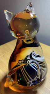 Vintage Murano Art Glass Amber/Blue/White Swirl Cat Figurine Italy 4.5" Tall - Picture 1 of 9