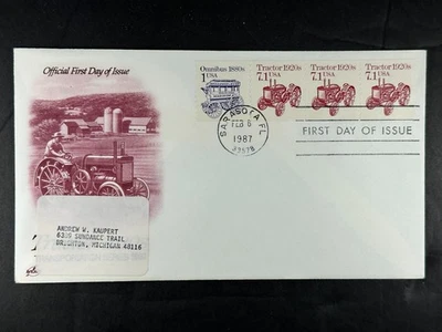 US FDC 1987 Tractor 1920s Strip of 3 Omnibus 1880s ArtCraft Transportation a824 - Image 1 of 2