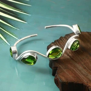 925 Sterling Silver Green Peridot Gemstone Jewelry Cuff Bracelet Size-ADJ - Picture 1 of 3