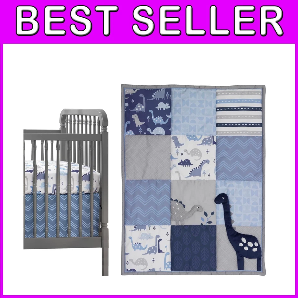 Juego de cama de cuna Roar Dinosaur de 3 piezas, azul/gris Foto 1 de 4
