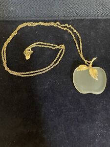 Vintage Avon Fogged Frosted Glass Apple w Gold Leaf & 28” Chain 