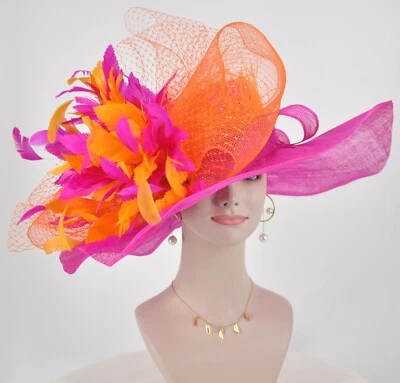 Hot Pink w OrangeJumbo Bow and Feather Flowers Kentucky Derby Hat, Tea Party  - Image 1 of 4