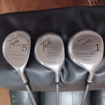 Vtg Taylormade 1 Driver, 5 Wood & Tour Spoon Steel RH Golf Clubs USA. Pre-owned  - Image 1 of 4