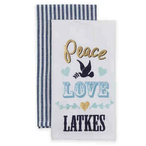 NWT Hanukkah "Peace, Love & Latkes" 2-Pack Kitchen Towels in White - Picture 1 of 1
