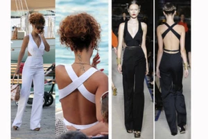 NEW - YSL Saint Laurent BLACK SATIN TRIM SILK PLUNGE NECK JUMPSUIT - Picture 1 of 12