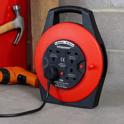 4 Gang Extension Cable Reel 10m Red Mains Plug Socket Lead Heavy Duty Power - Image 1 of 4