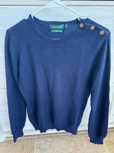 Lauren Ralph Sweater L 100% Cashmere Classic Style TRUE NAVY w/ Gold Buttons  LS - Picture 1 of 5