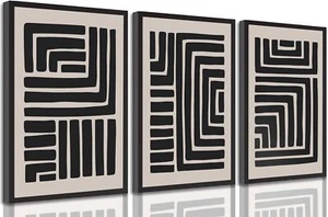 3 Pcs Boho Abstract Lines Canvas Wall Art Modern Neutral Minimalist Bohemian Bla - Picture 1 of 6