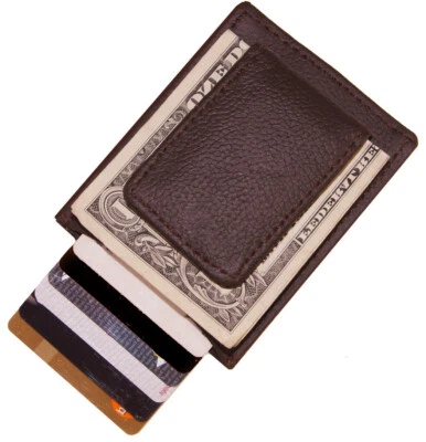Brown Leather Strong Magnetic Money Clip Thin Front Pocket ID Badge Wallet - Image 1 of 4