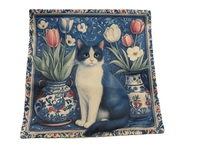 Chinoiserie Blue Pink CAT Floral Botanical Linen Throw Pillow Cover Home Decor - Image 1 of 4