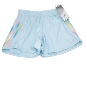 Adidas Girl's Aeroready 3 Rainbow Stripe Mesh Shorts Blue Pink Size L 14 - Picture 1 of 5
