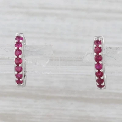 0.30ctw Ruby Hoop Huggie Earrings 14k White Gold Round Hoops Snap Top - Image 1 of 4
