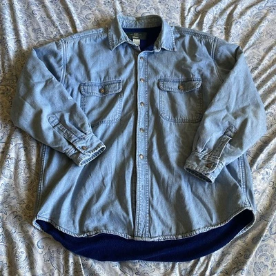 Vintage Orvis Mens Denim Shirt Jacket Fleece Lined Large Blue Chore Work Shacket - Image 1 of 4