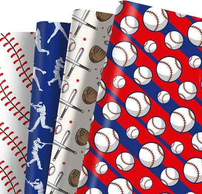 12 Sheets Baseball Wrapping Paper Set - Red, Blue, White Themed Sports Gift Wrap - Image 1 of 4
