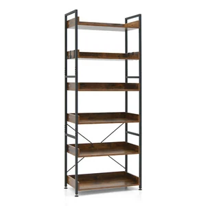 Bookshelf 6-Tier Open Display Shelves Storage Rack Metal Frame w/ 4 Hooks Rustic - Picture 1 of 9