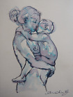 Original Pen & Ink Wash Drawing Of A Mother & Child Boy Son On Watercolour Paper