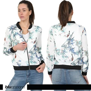 Women's White Floral Bomber Jacket Long Sleeve Zip up Flight Jackets Lightweight - Picture 1 of 10