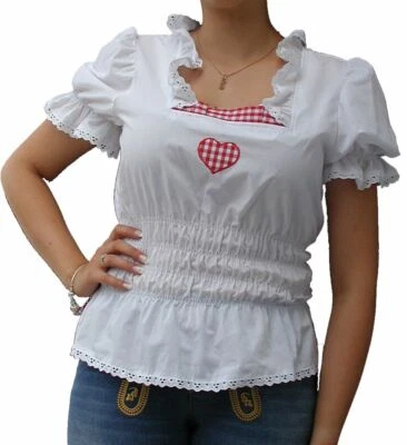 Trachtenbluse Dirndlbluse Damen Blusen Weiß Herz Rot Rüschen Spitze Taiilliert  - Bild 1 von 4
