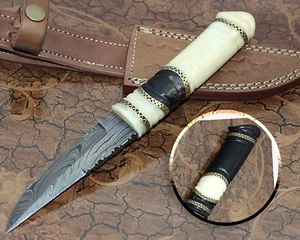 9.5" Damascus steel skinning knife, exotic hand made round scale, Cow sheath - Picture 1 of 22