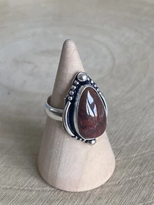 Natural Red Jasper Ring Size L Sterling Silver 925 Plated Boho Ethnic Teardrop - Picture 1 of 4