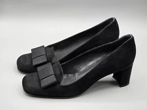90's Stuart Weitzman Black Suede Bow Wedge Shoes Size 9, 8L43467 - Picture 1 of 8