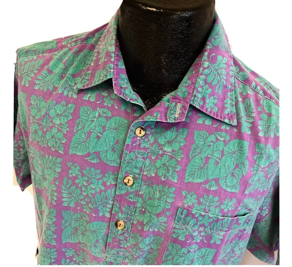 Camisa de Surfista Hawaiana Estampado Inverso Floral Verde Pull Over Kalani Púrpura Años 80 De Colección Foto 1 de 4