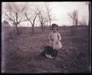 ONE EARLY 1900s ANTIQUE GLASS NEGATIVE, NEWPORT, ME, "GIRL WITH DOG" #1 - Picture 1 of 2