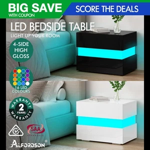 ALFORDSON Bedside Table RGB LED Nightstand 2 Drawers 4 Side High Gloss - Picture 1 of 23
