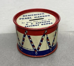 VINTAGE 1940's OHIO ART LITHO REMEMBER PEARL HARBOR DRUM TIN BANK WWII - Picture 1 of 10