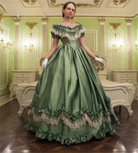 Vestidos de noche victorianos medievales de la Guerra Civil verdes históricos vestidos al hombro - Imagen 1 de 7