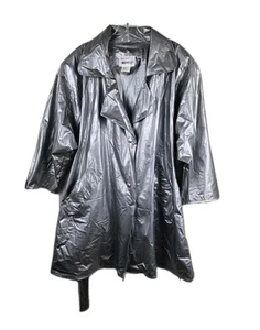 Vtg Vinyl Trench Batwing Raincoat Wippette Shiny Glossy PVC Jacket Silver LARGE  - Picture 1 of 17