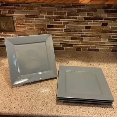 Food Network Set Of 4 Square Gray Stoneware Dinner Plates 10 3/4" - Image 1 of 4