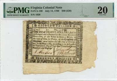 1780 July 14, $80 Virginia Colonial Note FR#VA-189 PMG VF20 - Image 1 of 2