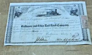 1867 Johns Hopkins signed B&O Railroad Stock Certificate w 2 US Revenue Stamps - Picture 1 of 11