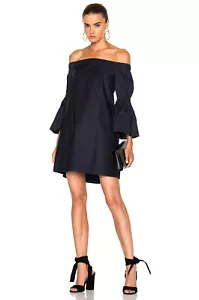Tibi - $543 Satin Poplin Bell Sleeve Dress in Dark Navy- US Size 0 - Picture 1 of 8