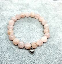 Rose Pink Quartz Gemstone 8mm Bracelet  Beaded heart silver charm