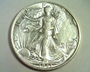 1943 WALKING LIBERTY HALF ABOUT UNCIRCULATED+ AU+ NICE ORIGINAL COIN BOBS COINS - Picture 1 of 2