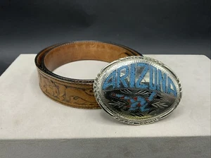 Vintage S.S.T Belt Buckle Real Stone Inlay Silver Creek Collection Belt 34” - Picture 1 of 5