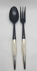 Mid Century Modern Salad Serving Fork and Spoon, Wooden & Sterling Silver France - Picture 1 of 4